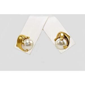 Vintage 3D Dolphin 8 mm Pearl Earrings 18K GF Dolphin- Pearl 15 mm Stud earrings